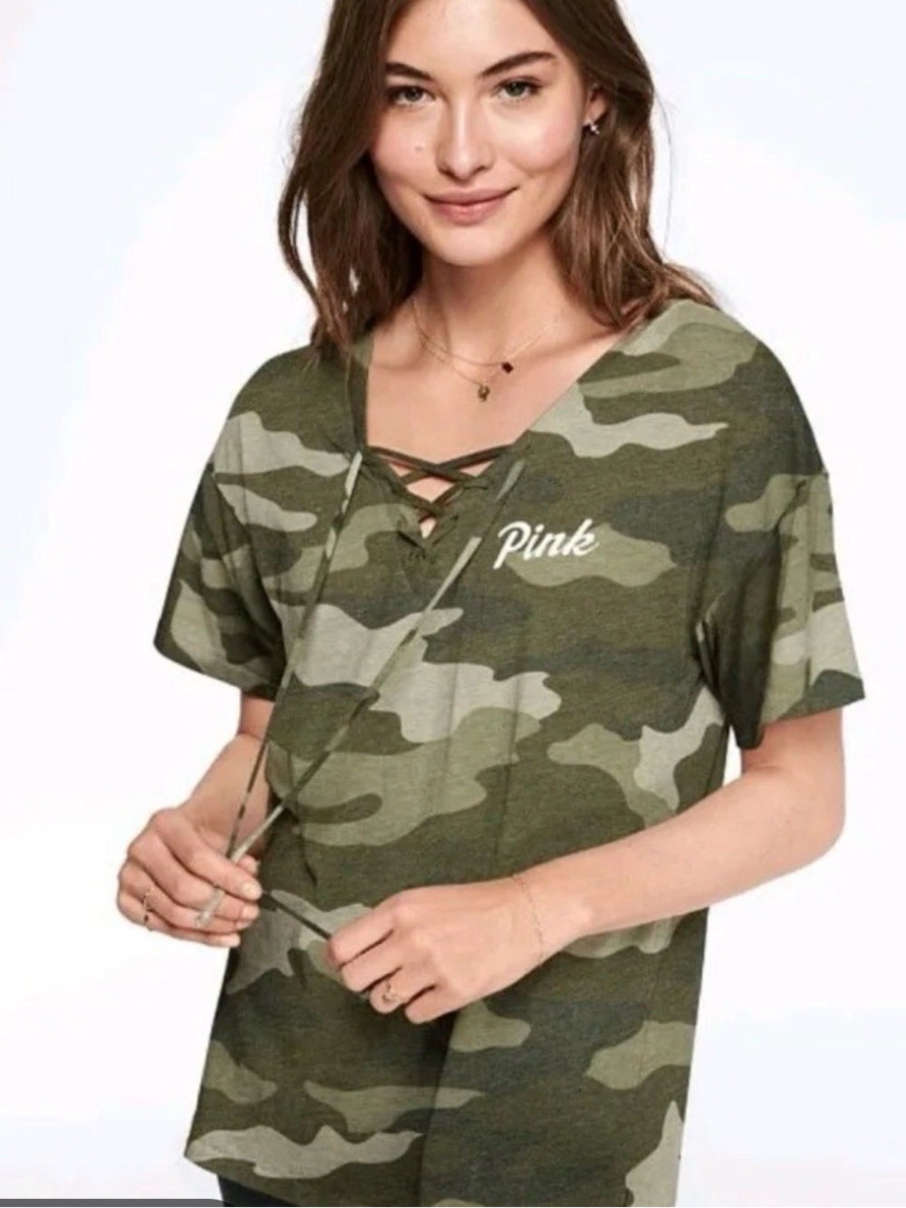 PINK by Victoria's Secret Green Camo Sz S Short Sleeve T-Shirt Lace Tie Front F6